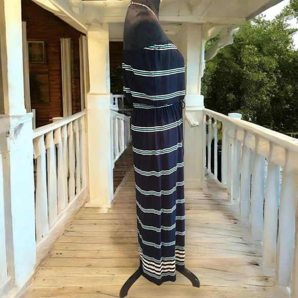 J. Crew Navy White & Aqua Striped Maxi Dress pockets size small - Picture 3 of 7
